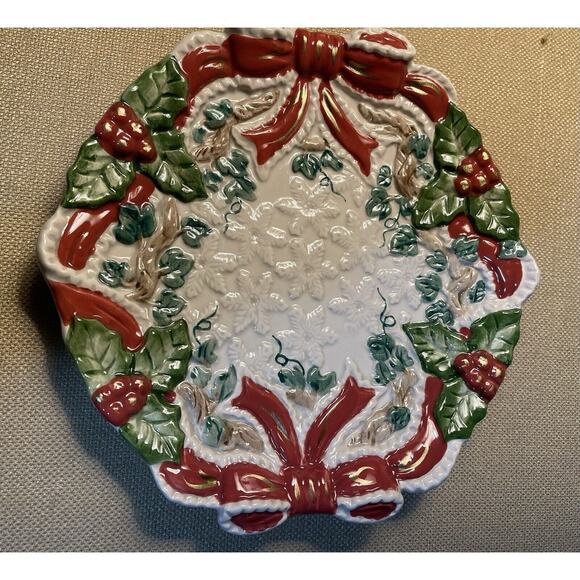 Fitz & Floyd Omnibus 1994 Classics Christmas Bows and Holly Plate, Read Details - Picture 1 of 6